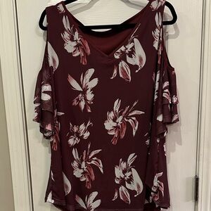 Floral Cold Shoulder Top - Burgundy